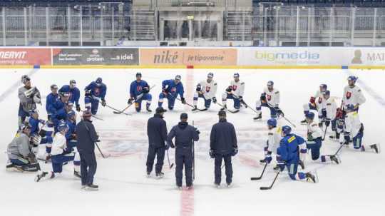 Na snímke slovenskí hokejoví reprezentanti