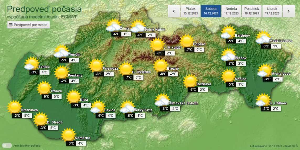 Predpoveď počasia na sobotu 16. 12. 2023.