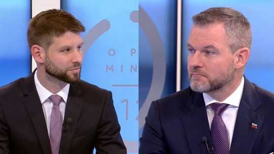 Podpredseda parlamentu Michal Šimečka (PS) a predseda parlamentu Peter Pellegrini (Hlas-SD) v diskusnej relácii RTVS O 5 minút 12.