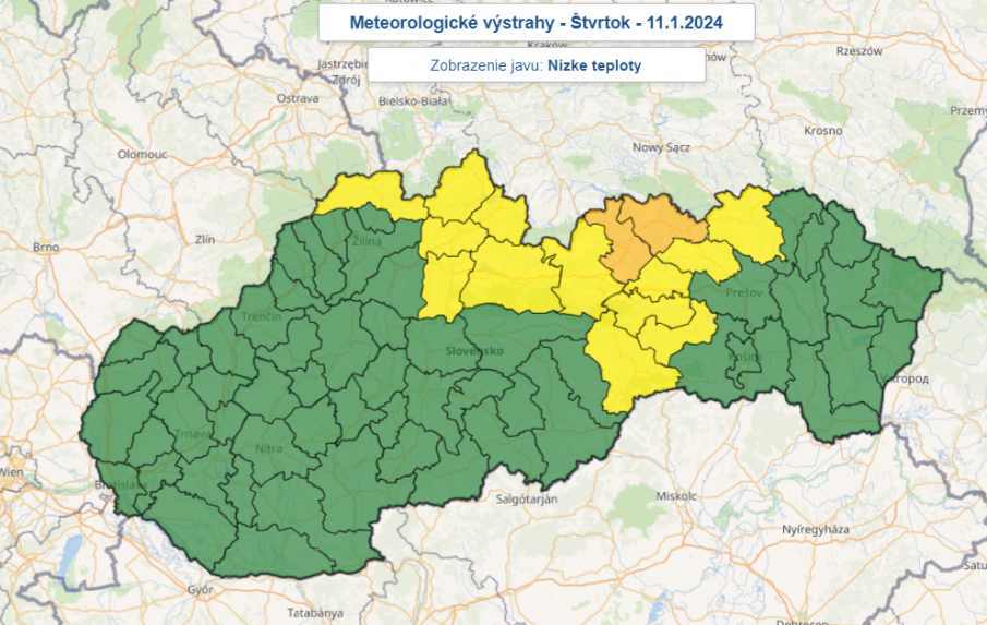 Výstraha pred nízkymi teplotami pre noc na štvrtok 11. januára 2024.