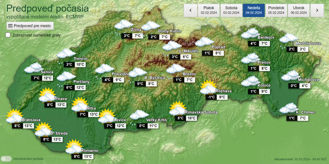 Grafická predpoveď počasia na nedeľu 4. februára.