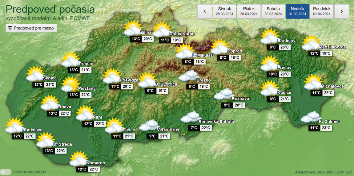 Grafická predpoveď počasia na nedeľu 31. marca.