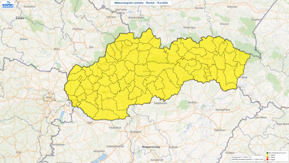 Výstraha prvého stupňa na noc zo štvrtka na piatok.