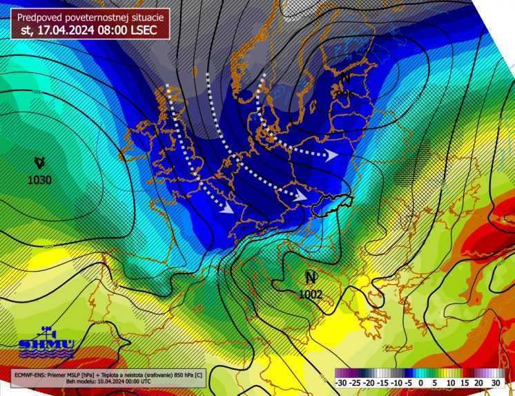 Na snímke mapa s predpoveďou poveternostnej situácie.