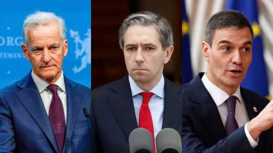 Premiéri Nórska, Írska a Španielska, zľava Jonas Gahr Störe, Simon Harris a Pedro Sánchez.