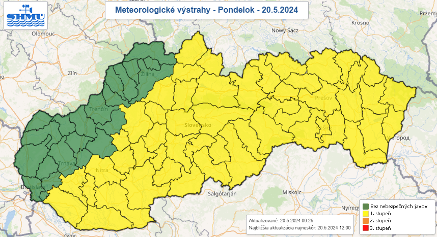 Výstraha pred búrkami v pondelok 20. mája.