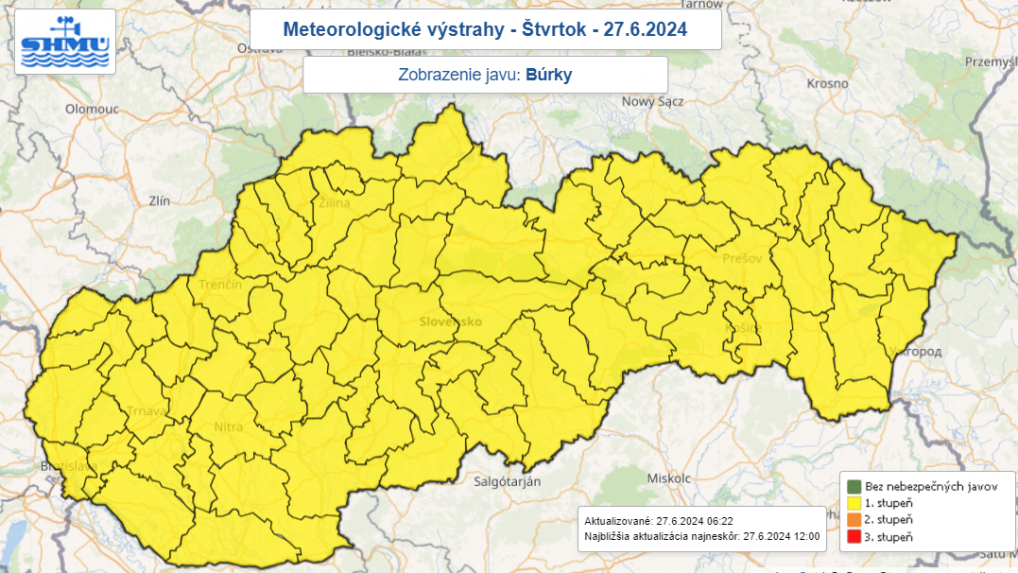 Výstraha pred búrkami vo štvrtok (27. 6.).