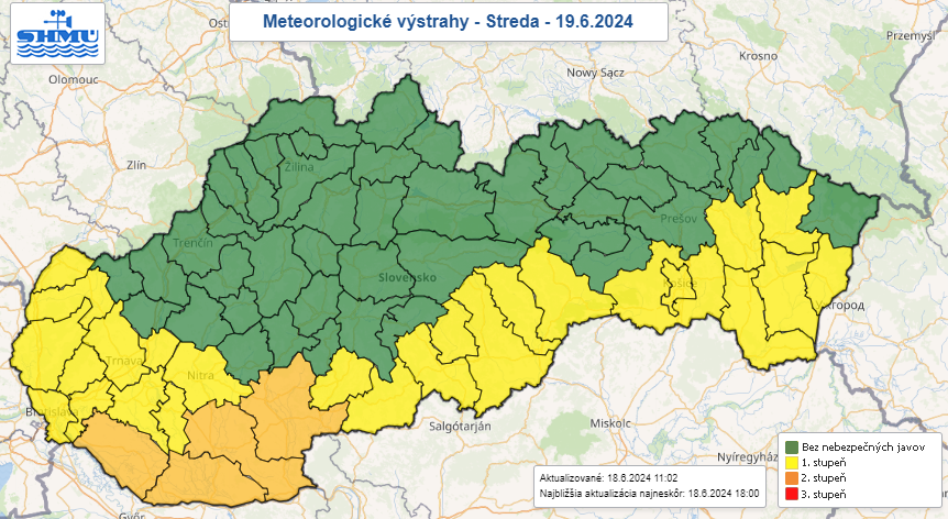 V&yacute;straha pred vysok&yacute;mi teplotami v stredu 19. j&uacute;na 2024.