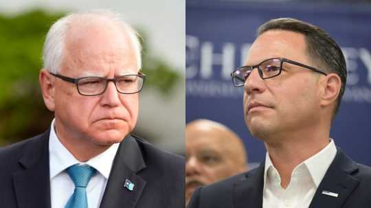 Zľava guvernér Minnesoty Tim Walz a guvernér Pensylvánie Josh Shapiro.