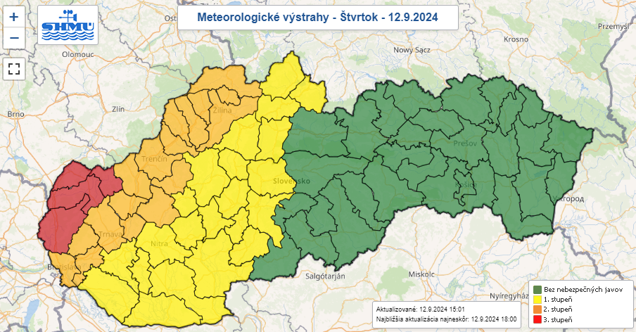 V&yacute;strahy pred dažďom vo &scaron;tvrtok 12. septembra 2024.