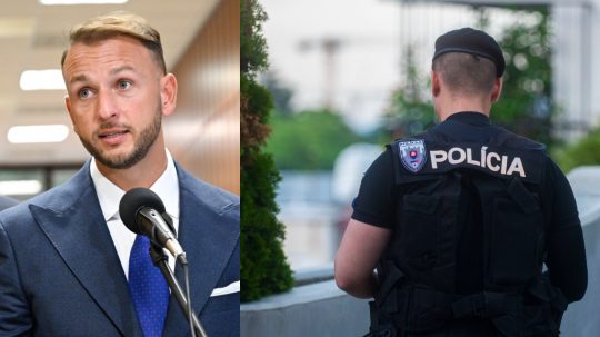 Na snímke zľava minister vnútra za Hlas-SD Matúš Šutaj Eštok a príslušník policajného zboru.