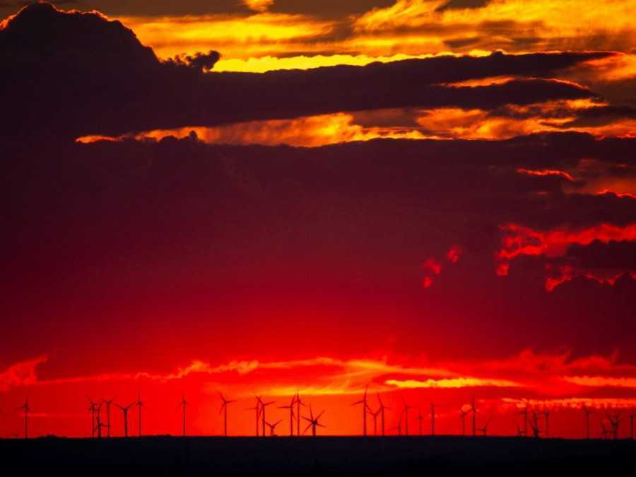 Červené nebo a siluety veterných turbín veternej elektrárne.