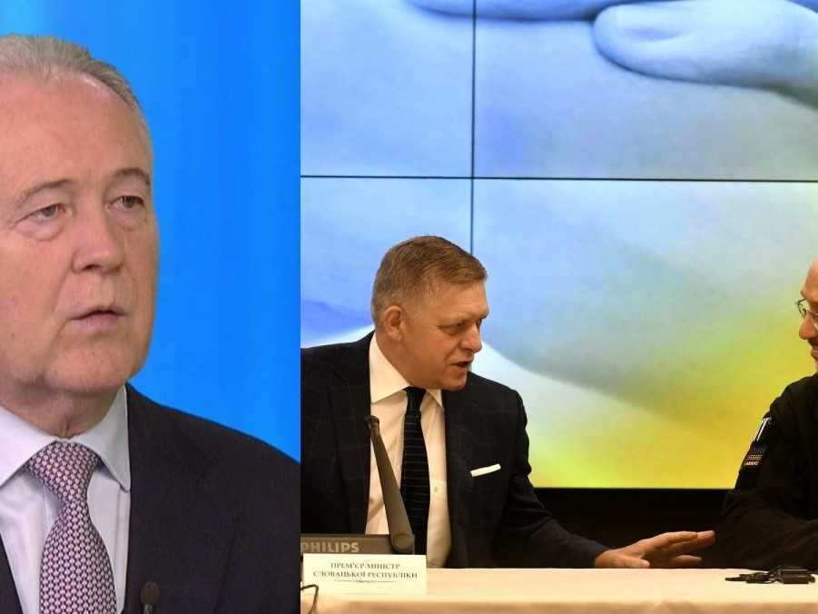 Vľavo bývalý minister zahraničných vecí Pavel Demeš a vpravo premiér Robert Fico so svojím ukrajinským náprotivkom Denysom Šmyhalom.