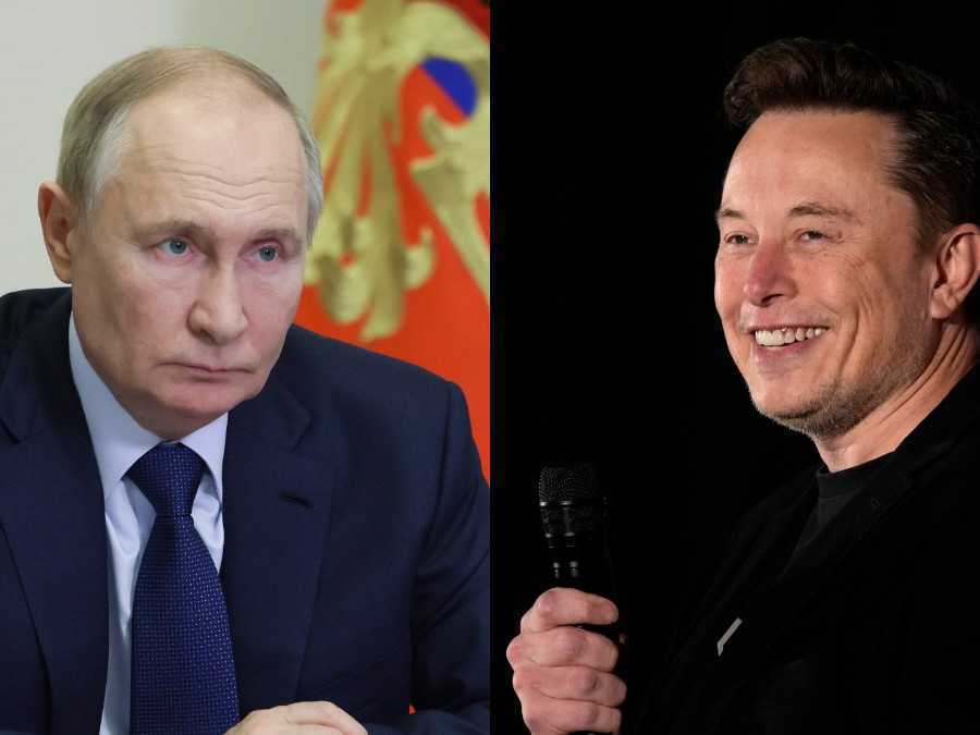 Zľava Vladimir Putin a Elon Musk.
