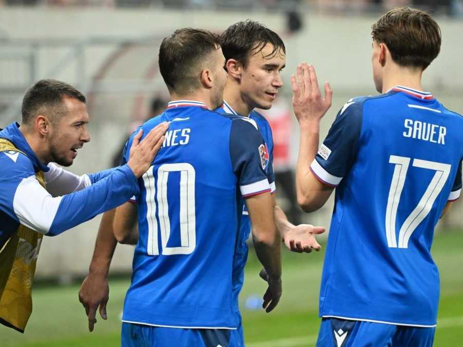 Na snímke radosť hráčov Slovenska po strelení gólu.