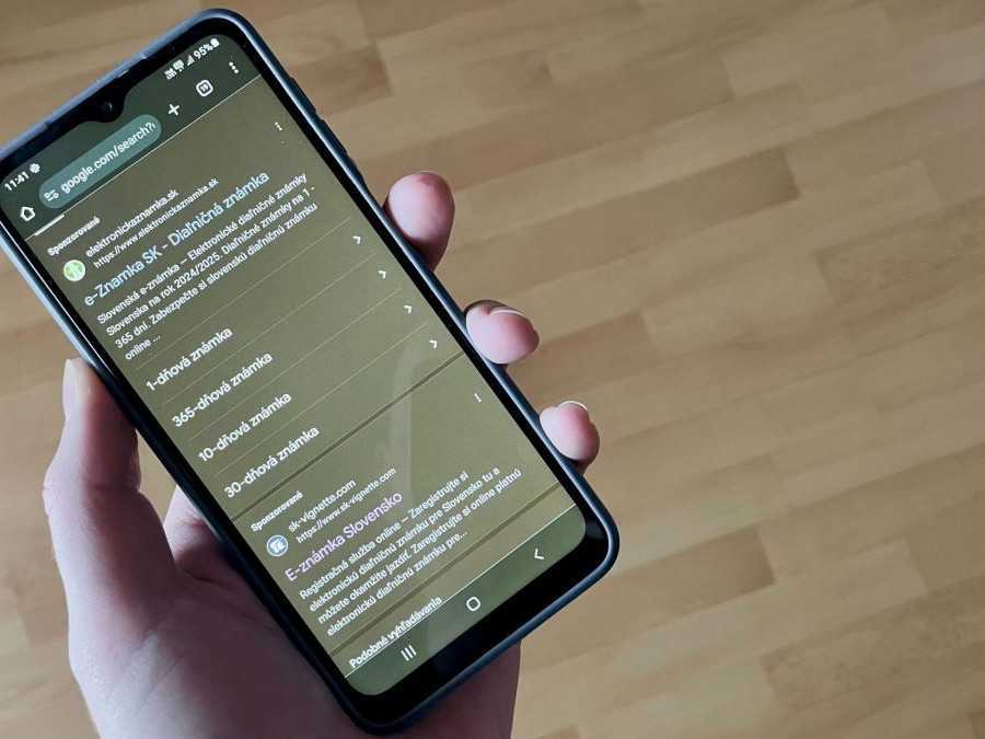Na snímke osoba drží mobilný telefón, na ktorého displeji sú výsledky vyhľadávania v prehliadači.