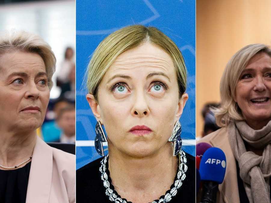 Na ilustračnej snímke zľava Ursula von der Leyenová, Giorgia Meloniová a Marine Le Penová.