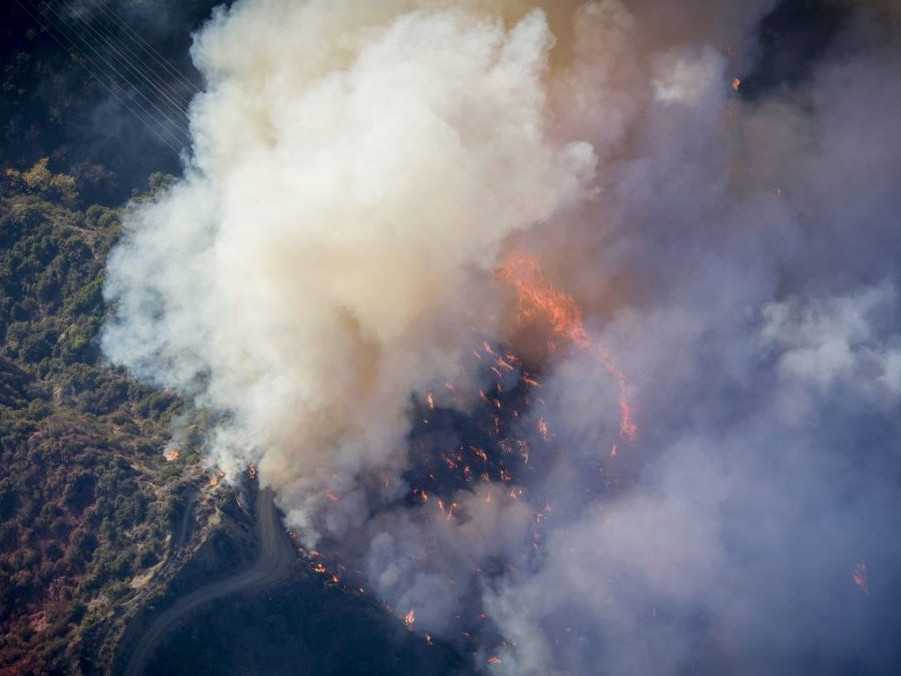 Dym a plamene z požiaru Palisades.
