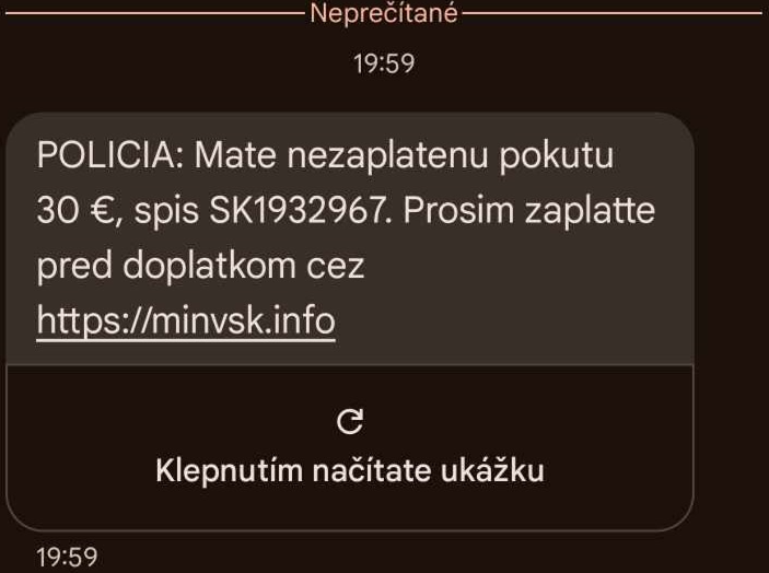 Podvodná SMS správa s odkazom na falošnú webstránku ministerstva vnútra SR.