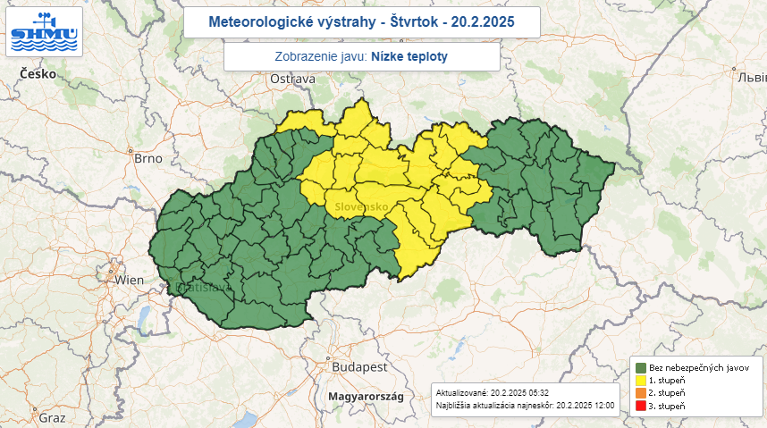 Výstrahy pred nízkymi teplotami v noci na piatok (21. 2.).