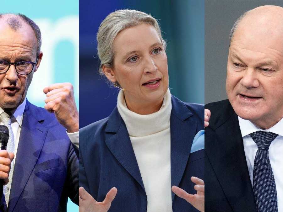 Friedrich Merz, Alice Weidelová a Olaf Scholz.