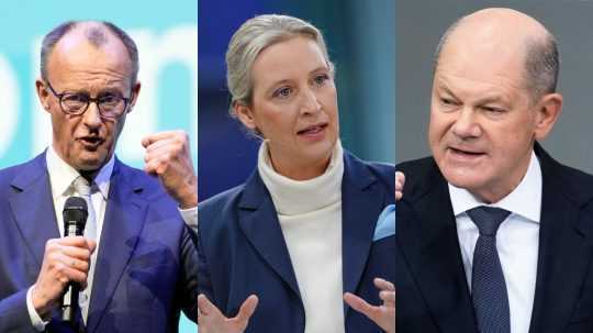 Friedrich Merz, Alice Weidelová a Olaf Scholz.