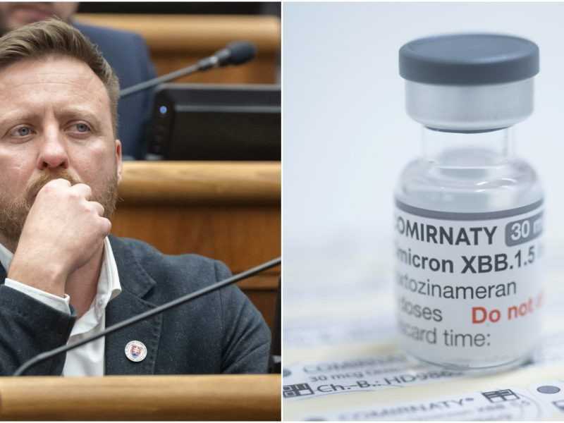 Na snímke zľava Peter Kotlár a ampulka s vakcínou.