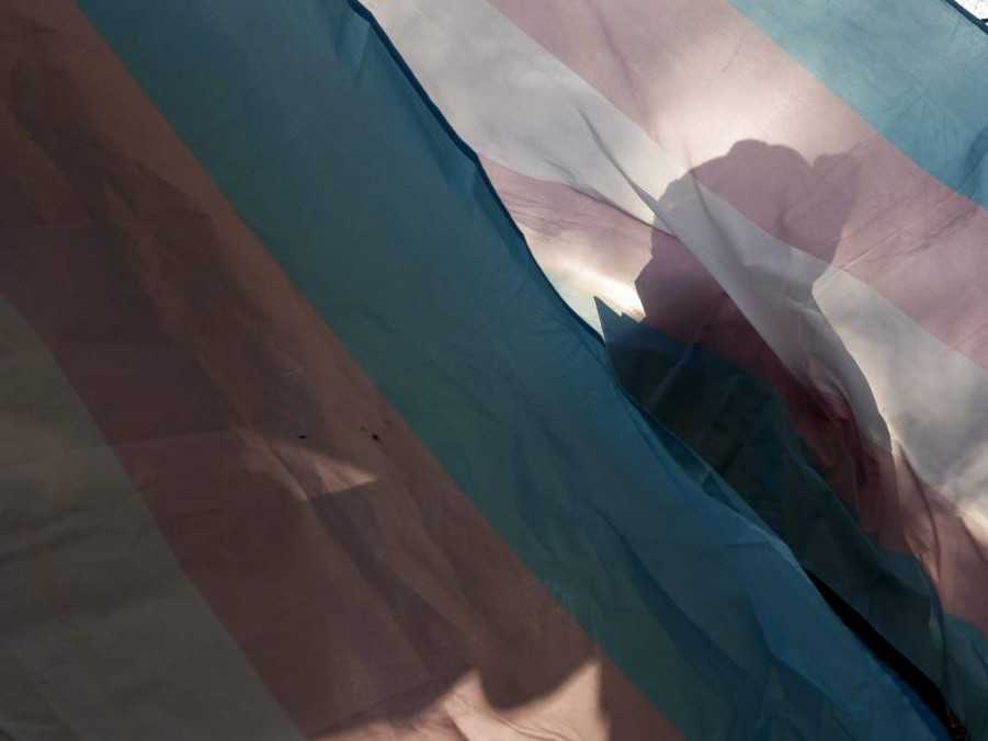 Osoba s pride vlajkou transrodových osôb.