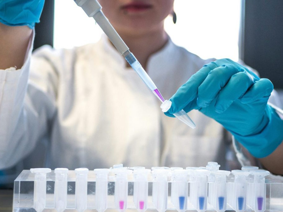 Vedkyňa v laboratóriu prelieva pipetou tekutiny do skúmaviek.