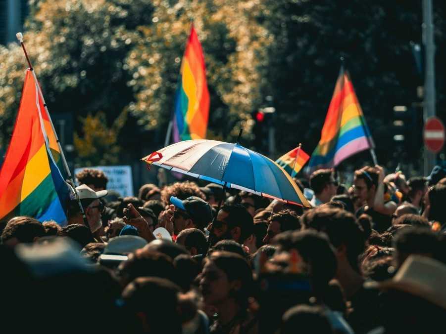 Na ilustračnej snímke dav ľudí s dúhovými vlajkami.