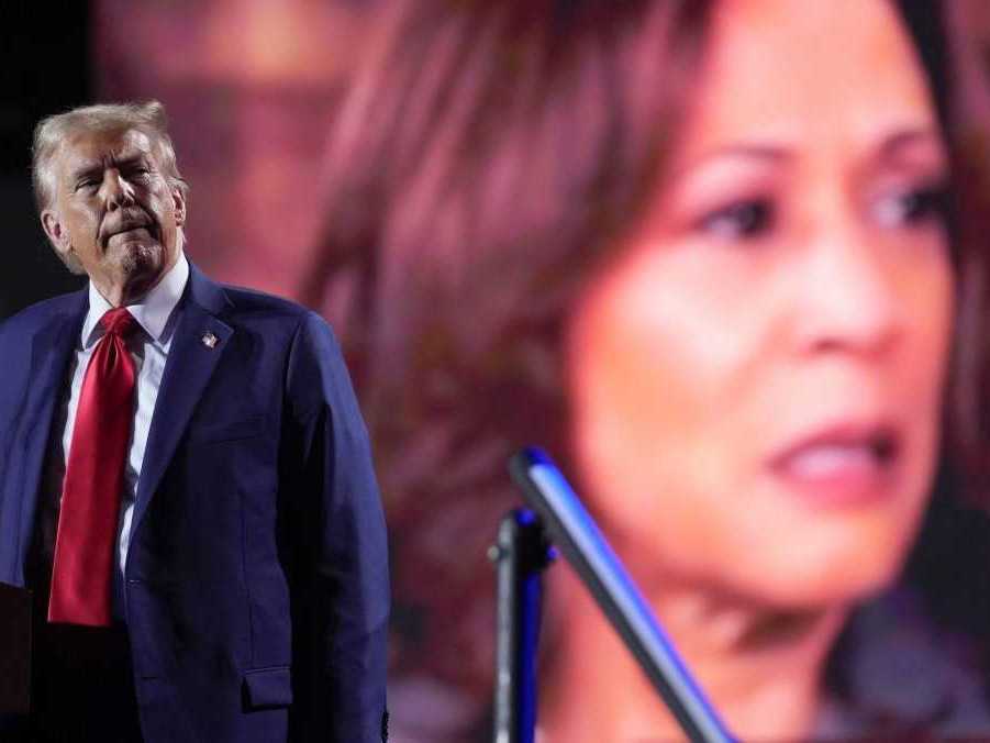 Republikánsky kandidát na prezidenta Donald Trump (v popredí) a demokratická kandidátka Kamala Harrisová (vzadu).