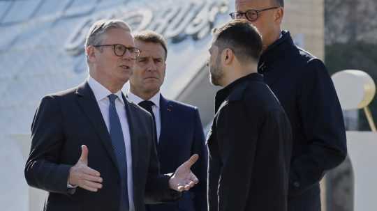 Keir Starmer, Volodymyr Zelenskyj, Emmanuel Macron a Friedrich Merz