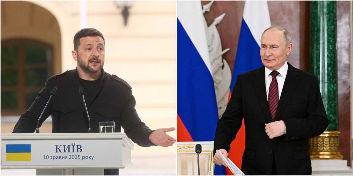 Na snímke zľava Volodymyr Zelenskyj a Vladimir Putin.
