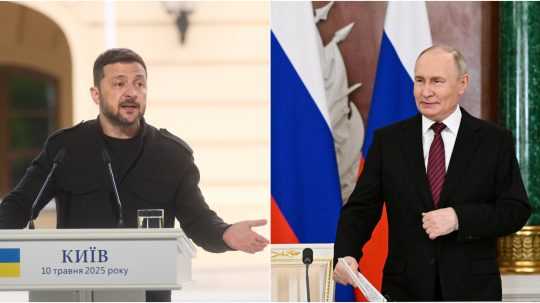 Na snímke zľava Volodymyr Zelenskyj a Vladimir Putin.