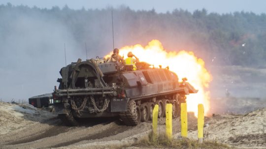 Na snímke tank na spoločnom vojenskom cvičení Vyšehradskej skupiny (V4), USA a Británie pod názvom Puma 22 v poľskom meste Rzeszów.