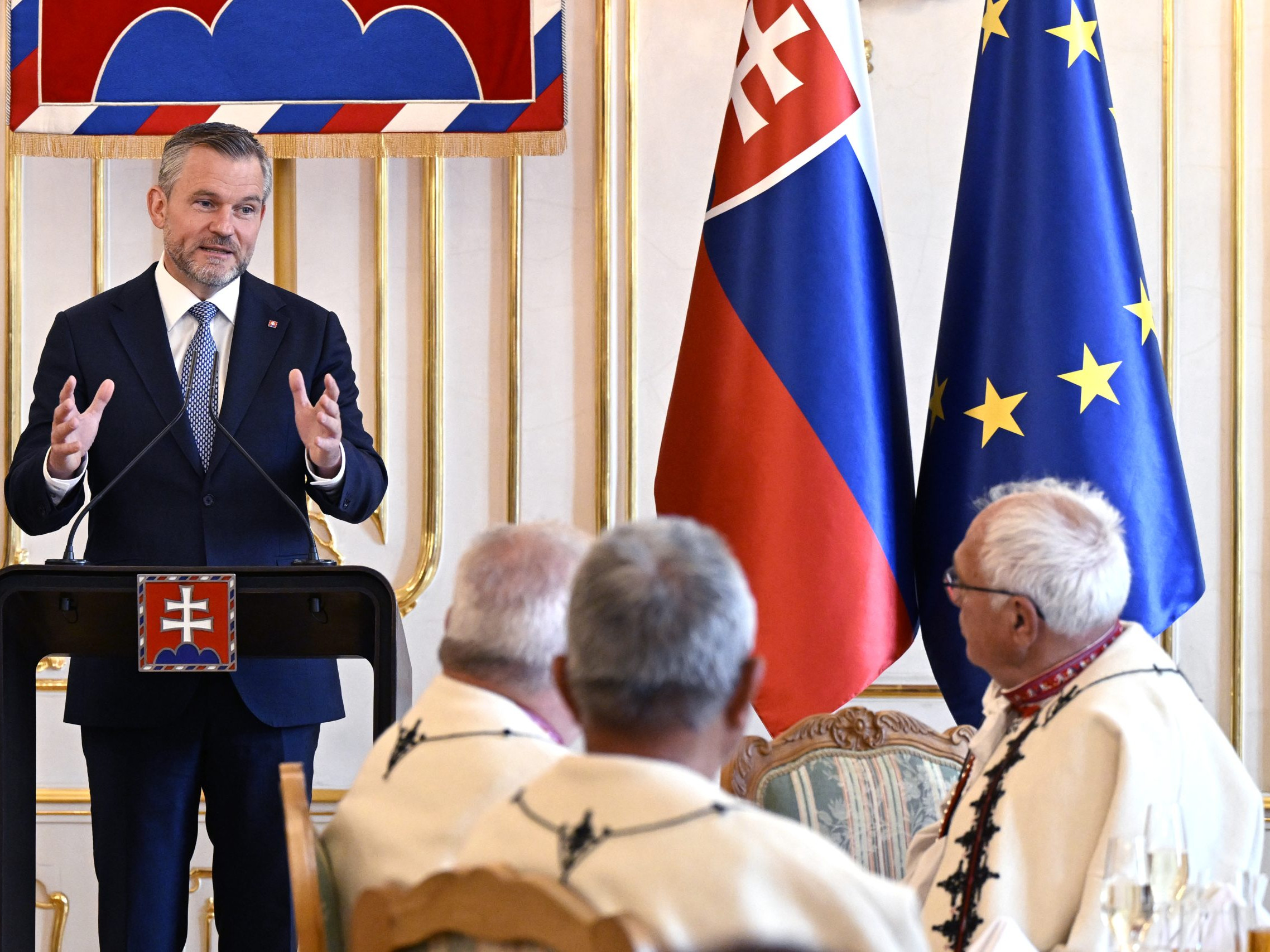 Na snímke prezident Peter Pellegrini pri prejave na slávnostnom obede pri príležitosti prvého výročia jeho inaugurácie.