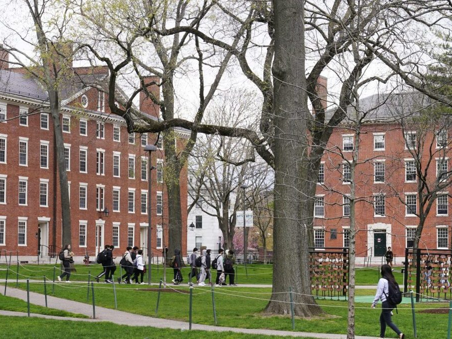 Študenti sa prechádzajú v areáli Harvardovej univerzity.