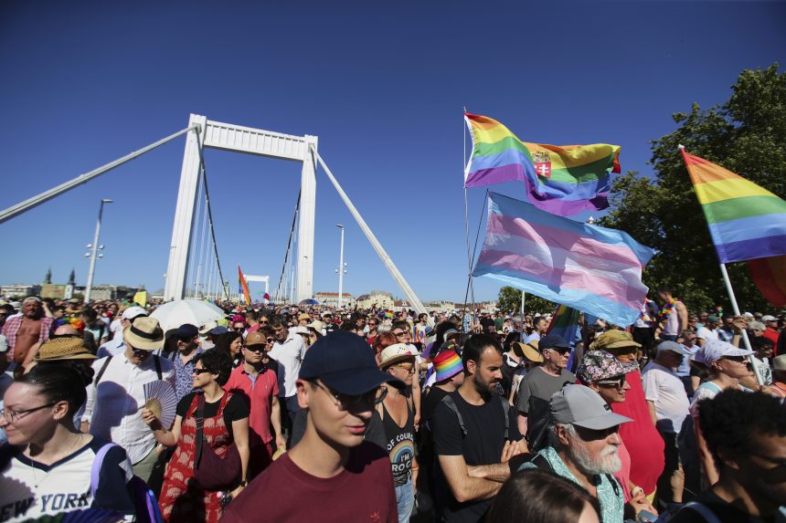 Na snÃƒÂ­mke ÃƒÂºÃ„ÂastnÃƒÂ­ci Pridu krÃƒÂ¡Ã„ÂajÃƒÂº cez most v BudapeÃ…Â¡ti.