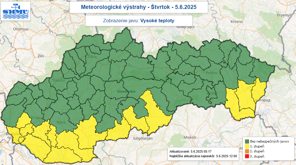 Na snímke výstrahy SHMÚ pred vysokými teplotami vo štvrtok (5.6.).