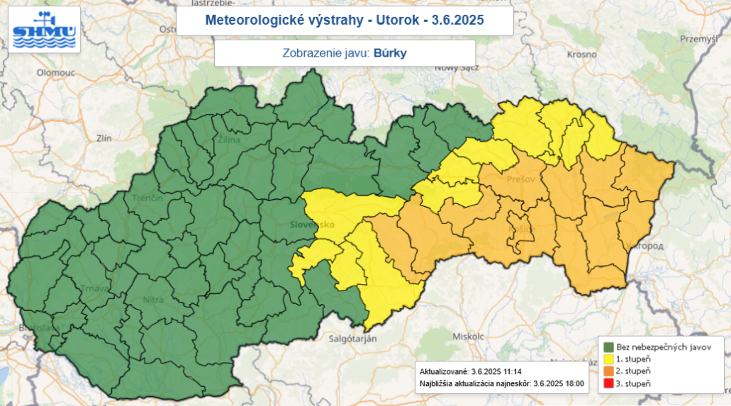 Na snímke sú výstrahy SHMÚ pred búrkami na utorok (3. 6.).