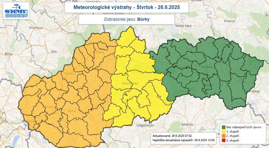 Na snímke mapa výstrah pred búrkami.