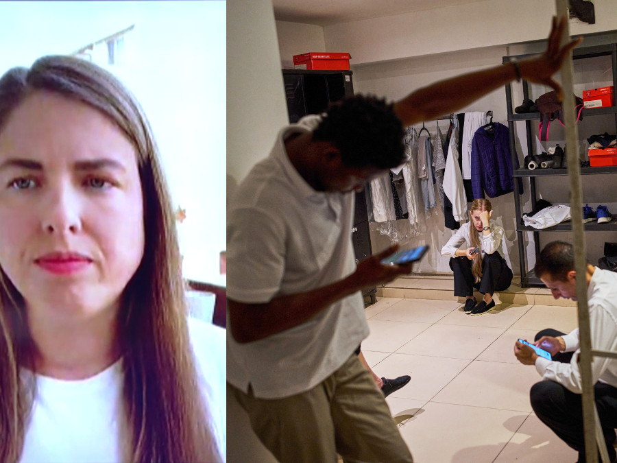 Na snímke Diana Atzmon Weinbergová a zamestnanci skrývajúci sa počas bombardovania Tel Avivu.