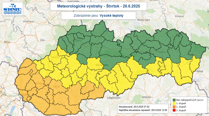 Na snímke mapa výstrah pred vysokými teplotami.