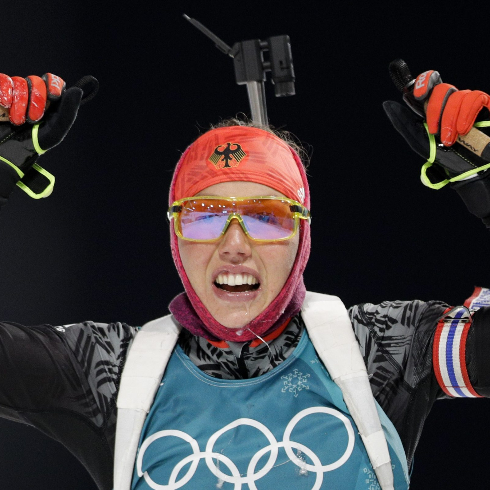 Laura Dahlmeierová v cieli šprintu žien počas XXIII. ZOH v juhokórejskom Pjongčangu.
