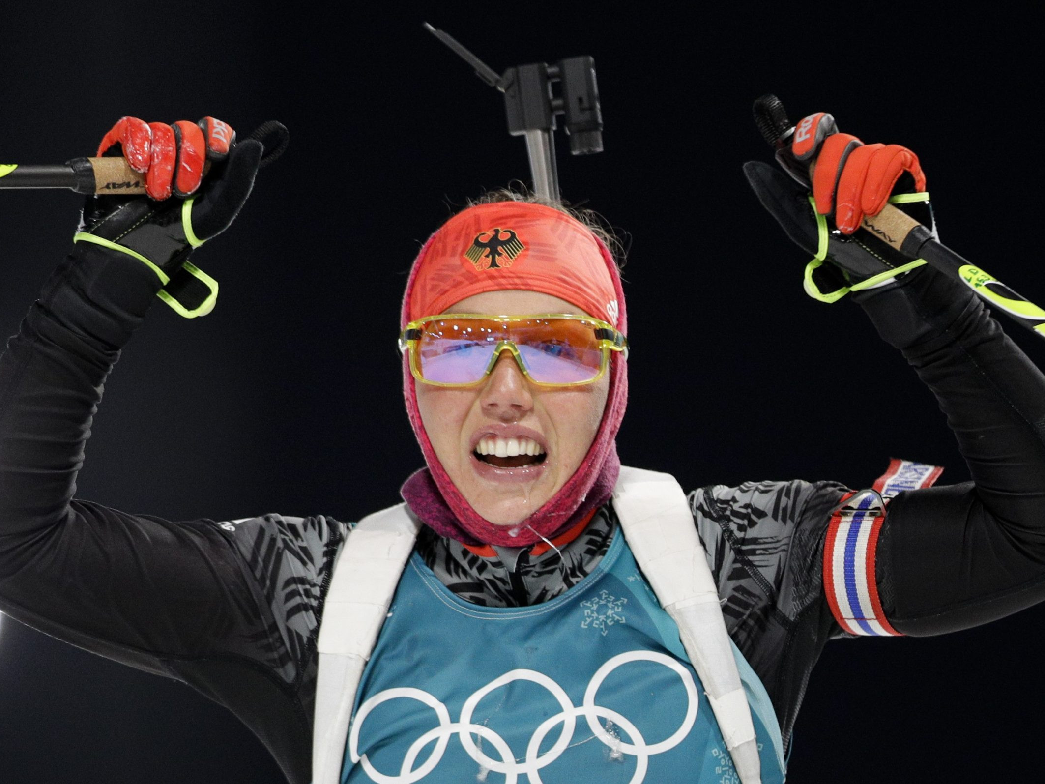 Laura Dahlmeierová v cieli šprintu žien počas XXIII. ZOH v juhokórejskom Pjongčangu.