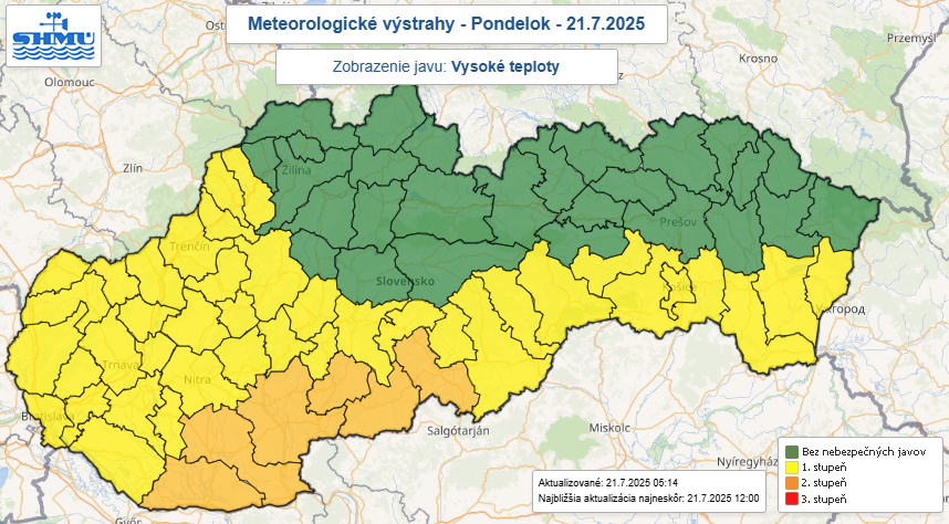 Na snímke výstrahy SHMÚ pred vysokými teplotami v pondelok (21. 7.).