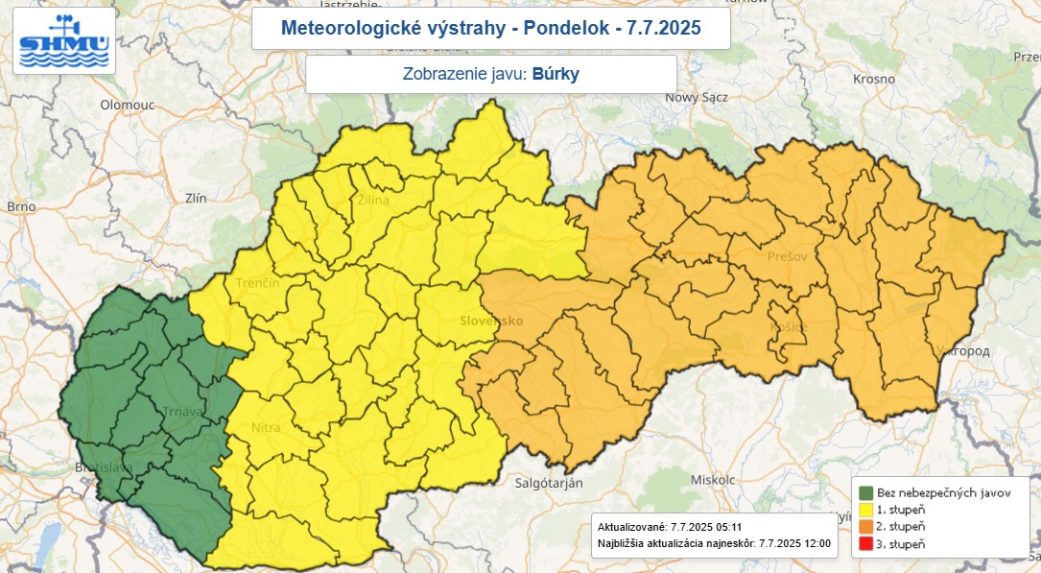 Na snímke mapa výstrah pred búrkami.