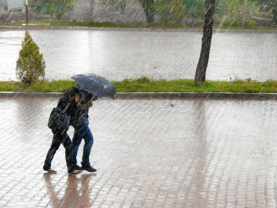 dvaja ľudia s dáždnikom v silnom daždi