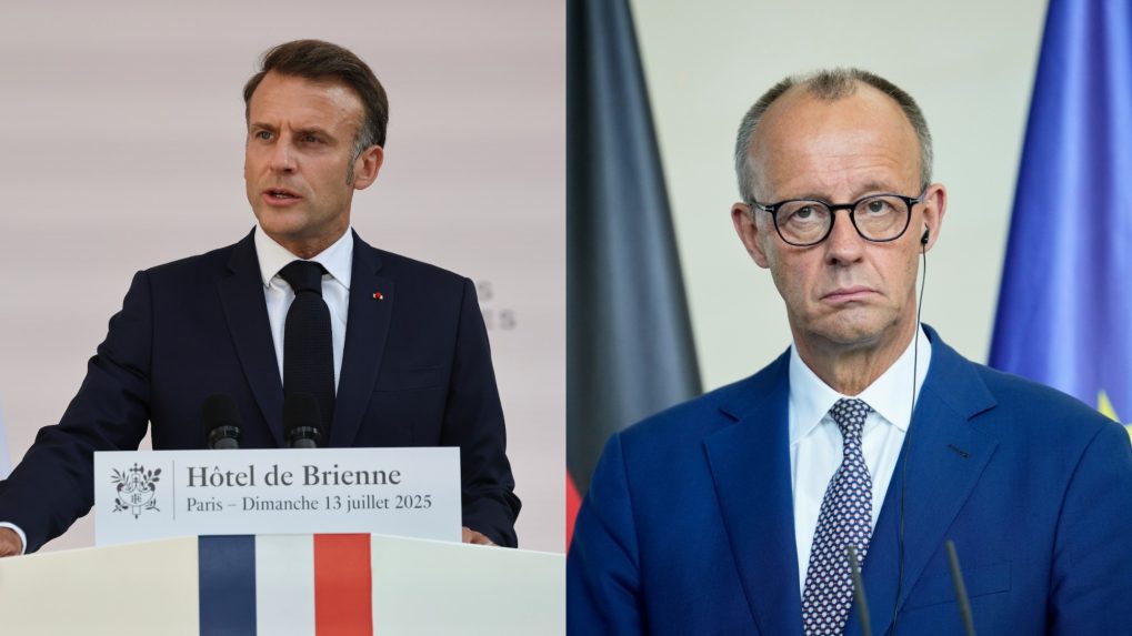 Na snímke francúzsky prezident Emmanuel Macron a nemecký kancelár Friedrich Merz.