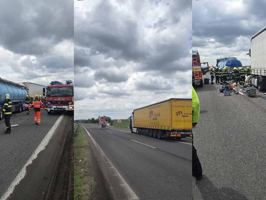 Na snímke je nehoda kamiónov, pri ktorej zasahujú záchranári a hasiči.